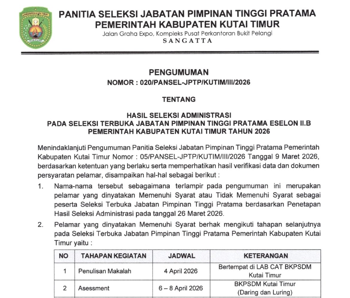 Perebutan Kursi Kepala Dinas di Kutim Berlanjut, Ini Daftar Peserta Lolos